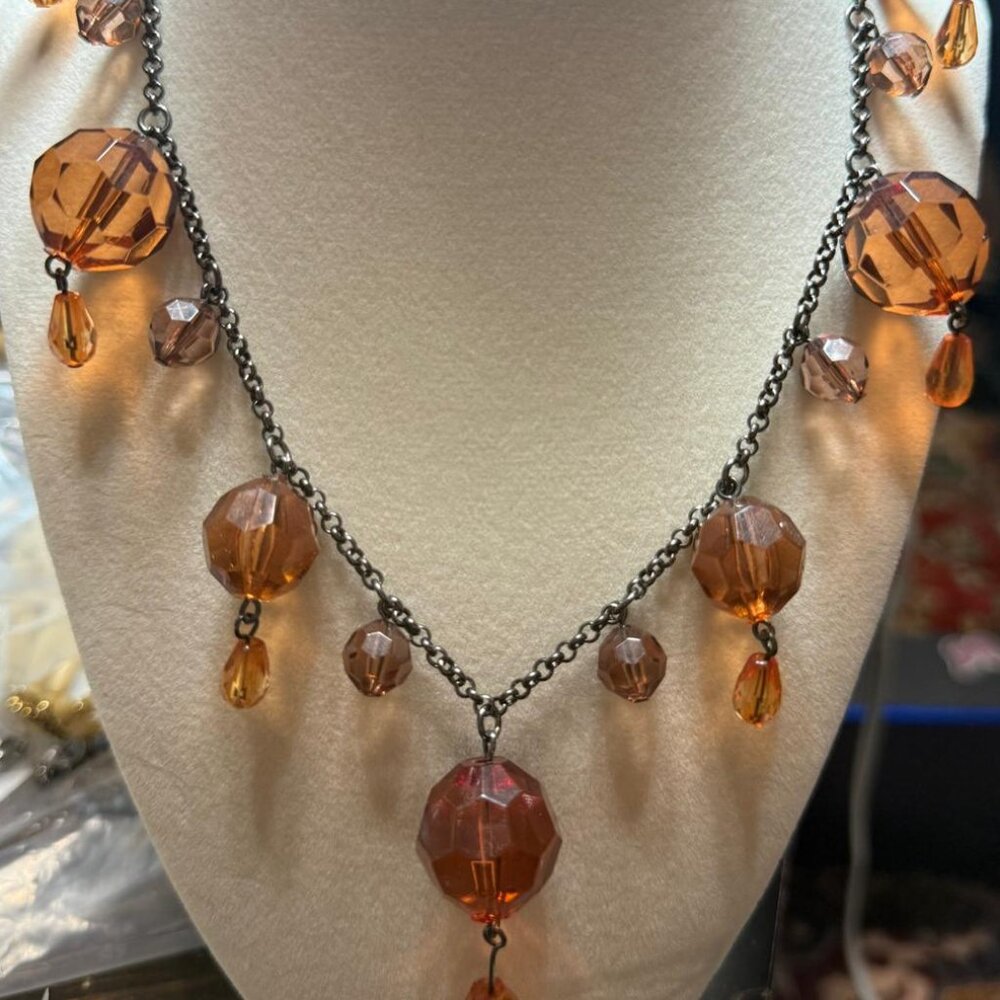 Gunmetal Necklace With Amber Colored Faceted Bead Dangles